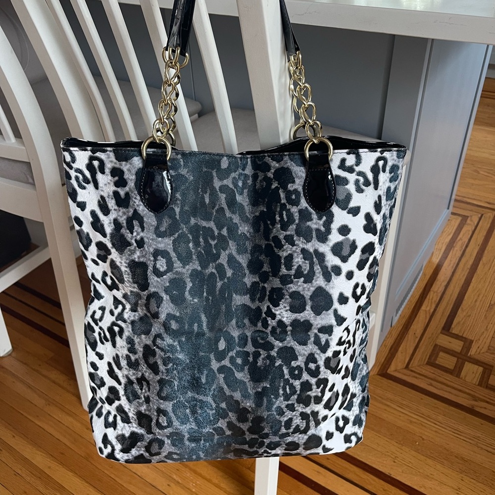 Black and Gray Animal Print Tote Bag with Chain Handles